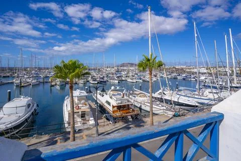 View of boats in Rubicon Marina, Playa Blanca, Lanzarote, Canary Islands, Spain, Stock Photos