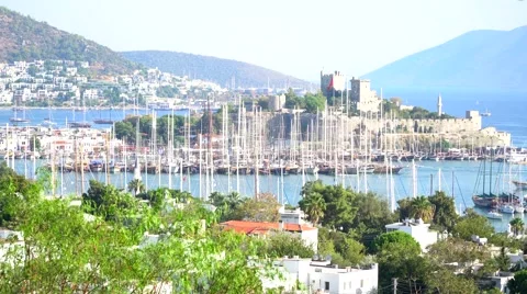 View of Bodrum harbor and Castle of St. Peter. Center of Bodrum - TURKEY Stock Footage 68330674