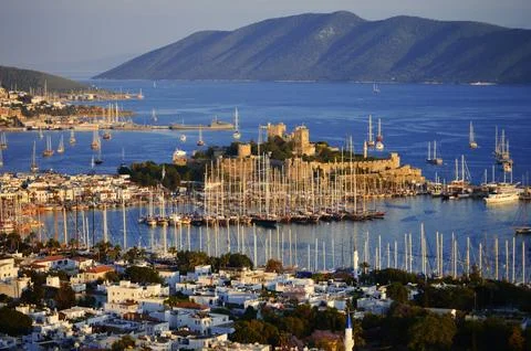 View of Bodrum harbor during hot summer day. Turkish Riviera. Stock Photos
