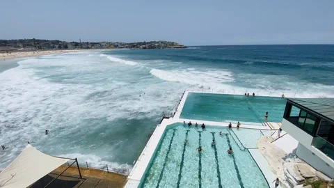 The view at the Bondi Icebergs pool from above, swimming pool and kids pool Stock Footage 124244336