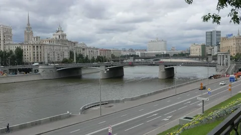 View of the Borodinsky Bridge, Moskva-River Embankment with traffic and White Stock Footage 63598917