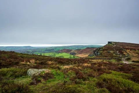 View of Bosley Cloud, Hanging Stone and the Cheshire Plain from The Roaches.. Stock Photos
