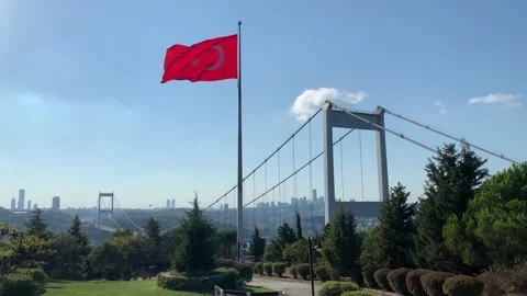 View of the Bosphorus and the turkish flag Stock Footage 171612300