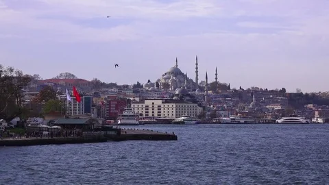 View of the Bosphorus Coast and the Blue Mosque, Turkey, Istanbul Stock Footage 83467683
