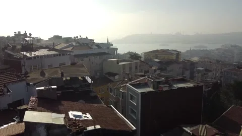 View of the Bosphorus from the old town. Sunset over Istanbul, Turkey. Panoramic Stock Footage 148068601