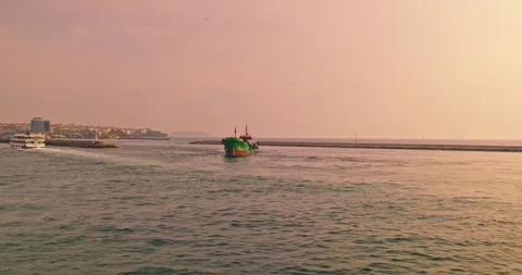 View of the Bosphorus at red sunset and ships going on the sea. Stock Footage 260819020