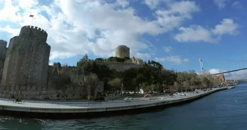 View from Bosphorus on Rumeli Hisar castle and Fatih Sultan Bridge in Istanbul Stock Footage 150483119