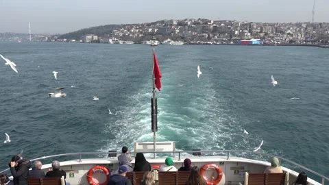 View of the Bosphorus strait and seagulls from a ferry boat Stock Footage 322934910