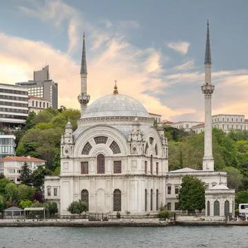 View from Bosphorus strait overlooking Baroque Dolmabahce Mosque, Kabatas Stock Photos