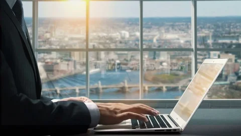 View of Boston Massachusetts .Close up hand Businessman using laptop Stock Footage 84566791