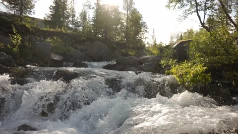 A view from the bottom of small waterfall in a mountain valley of the Khibiny Stock Footage 164557945