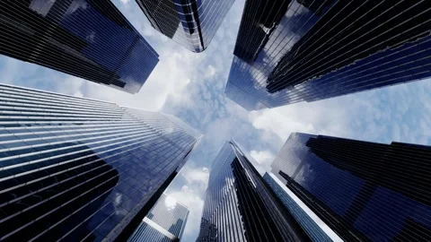 View from bottom to top of skyscrapers with clouds floating above them. Stock Footage 299567420