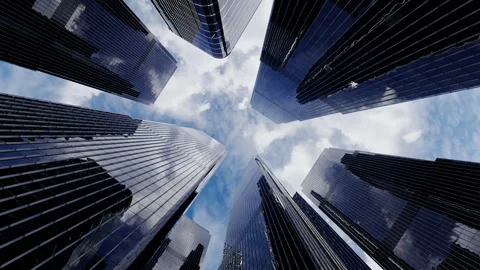 View from bottom to top of skyscrapers with clouds floating above them. Stock Footage 299567467
