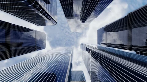 View from bottom to top of skyscrapers with clouds floating above them. 3D rende Stock Footage 299567478