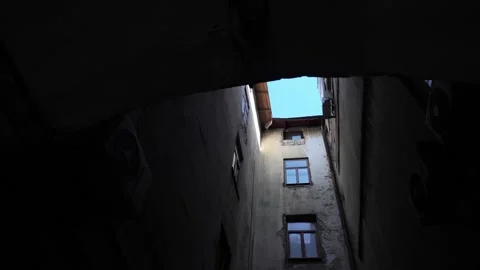 View from bottom to top of the walls and windows of a brick house Stock Footage 273983474