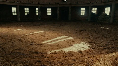 View from the bottom upwards to the old wooden round roof of the stables Stock Footage 89785952