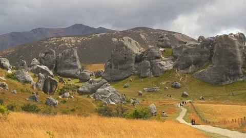 View of Boulders at Castle Hill, New Zealand Stock Footage 80579579