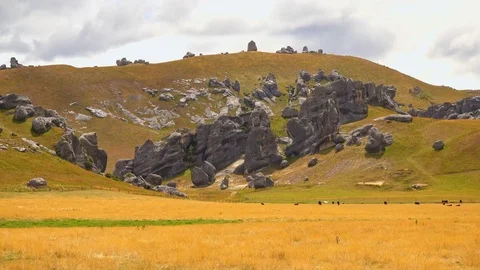 View of Boulders at Castle Hill, New Zealand Stock Footage 80579598