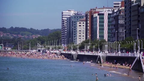 View on the boulevard, see, beach and cityscape of a Spanish town Stock Footage 69942655