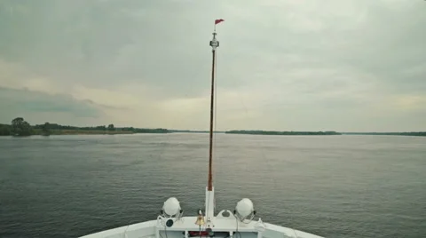 View from the bow of moving cruise ship on the river Stock Footage