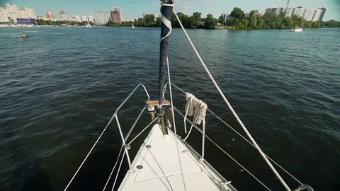 View From Bow Of Sailing Yacht Ashore On A Summer Day. Stock Footage 128396643
