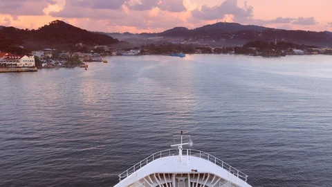 View of bow of ship as it arrives in Roatan, Honduras Stock Footage 102073392