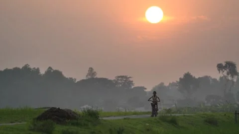 View of a boy riding a bicycle at sunset in Bogura, Bangladesh. Video stock 335553137