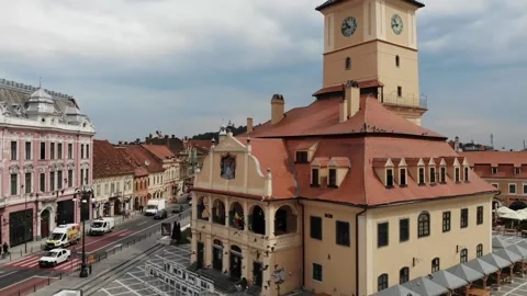 View on Brashov historical centre and famous central square with city hall Stock Footage 200953564