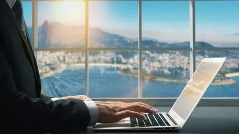 View of Brasil Rio de Janeiro .Close up hand Businessman using laptop Stock Footage 84569400