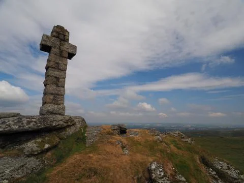 View from Brat Tor and Widgery Cross with white clouds in a blue sky, Dartmoor Stock Photos
