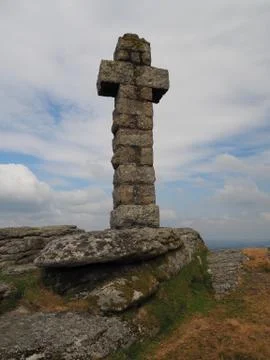View from Brat Tor and Widgery Cross with white clouds in a blue sky, Dartmoor Stock Photos