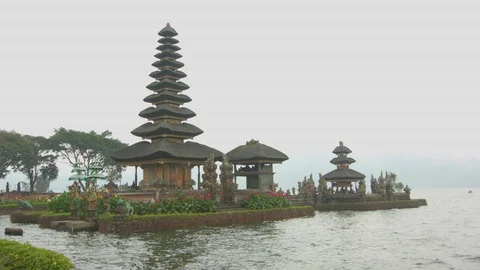 View of Bratan temple at lakeside Stock Footage 87140497