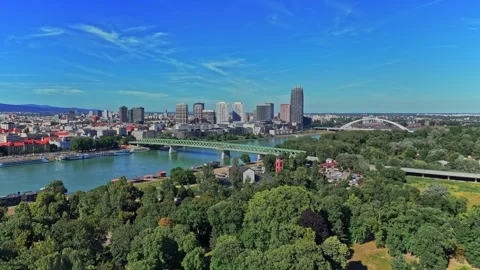 View of Bratislava skyline with river and green parks in daylight Stock Footage 337877034