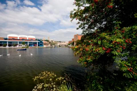A view of Brayford Pool with the Odeon cinema and the Cathedral in the backgr Stock Photos