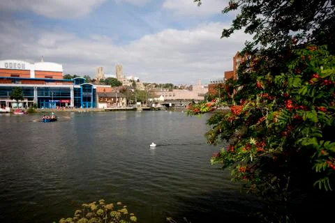 A view of Brayford Pool with the Odeon cinema and the Cathedral in the backgr Stock Photos