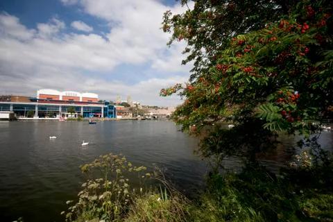 A view of Brayford Pool with the Odeon cinema and the Cathedral in the backgr Stock Photos
