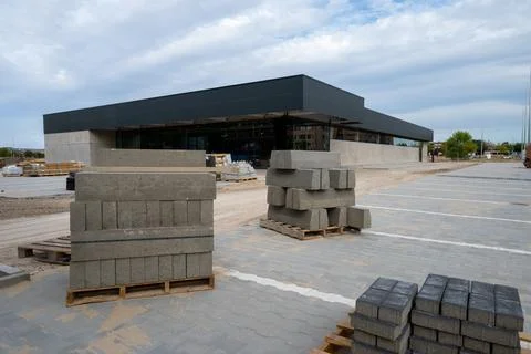 View of bricks in the foreground of the building construction area 写真素材