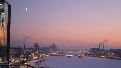 View of the bridge and the city of St. Petersburg at sunset Stock Footage 201054416