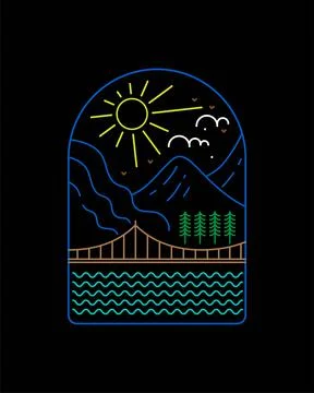 View of a bridge and a mountain during the day of a mono line - line art Stock Illustration