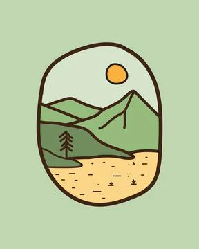 View of a bridge and a mountain at night line art badge patch pin graphic Illustrazione stock