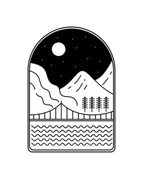 View of a bridge and a mountain at night line art badge patch pin graphic Ilustración de archivo