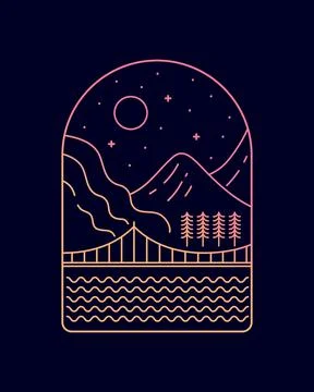 View of a bridge and a mountain at night line art badge patch pin graphic Ilustración de archivo
