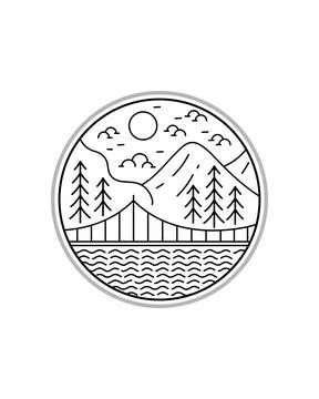 View of the bridge and mountains at cloudy day in mono line art, patch badge  Ilustración de archivo
