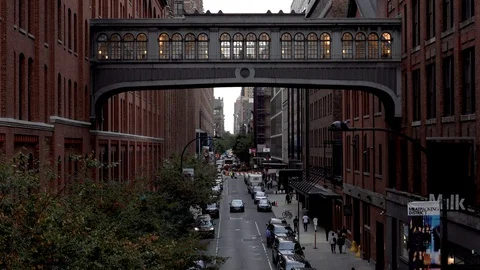 View of a bridge between buildings in the Meatpacking district in New York City Stock Footage 127944369
