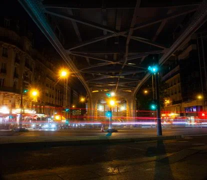 View of bridge Bir-Hakeim called Pont de Passy at night, Paris Stock Photos