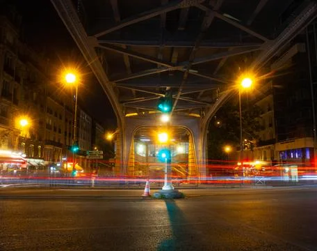 View of bridge Bir-Hakeim called Pont de Passy at night, Paris Stock Photos