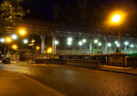 View of bridge Bir-Hakeim called Pont de Passy at night, Paris Stock Photos