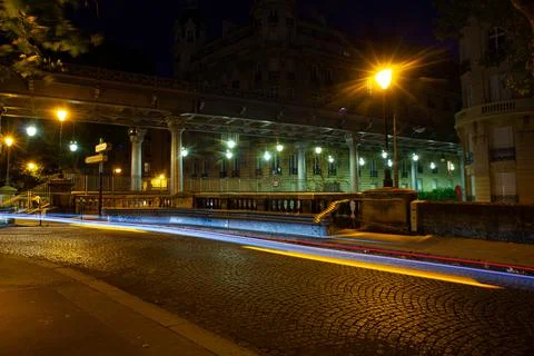 View of bridge Bir-Hakeim called Pont de Passy at night, Paris Stock Photos