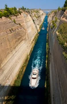 View from the bridge to the boats and View from the bridge the Corinth Canal Stock Photos