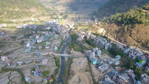 View of bridge in the City of mountain, Gulmi Nepal, Aerial video Video stock 155368331